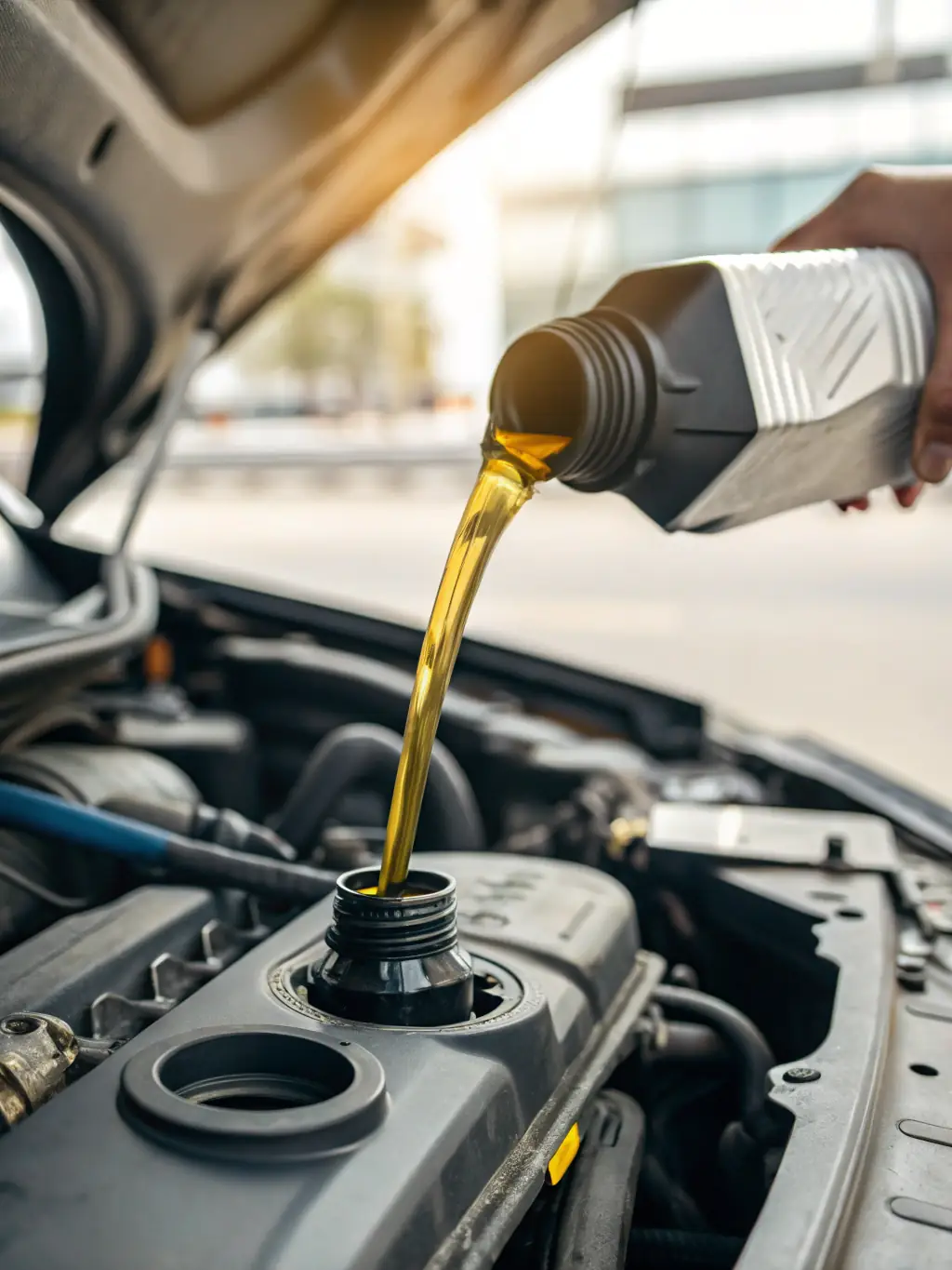 A high-quality image of a car undergoing an oil change at a Drivegate.uno service bay, showcasing the cleanliness and professionalism of the service.