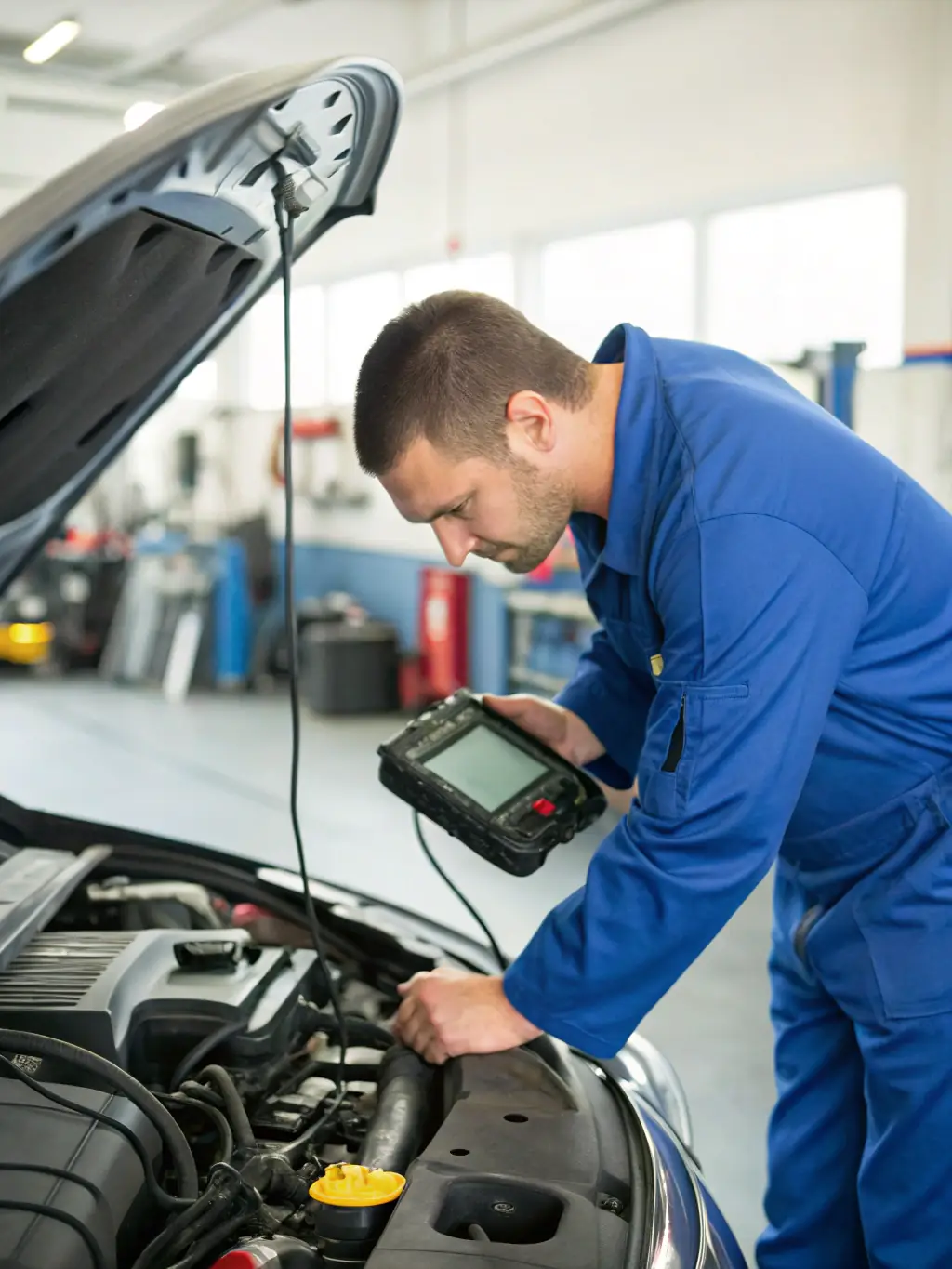 A high-quality image depicting a car being serviced in a modern, well-equipped garage, emphasizing the use of advanced diagnostic tools.