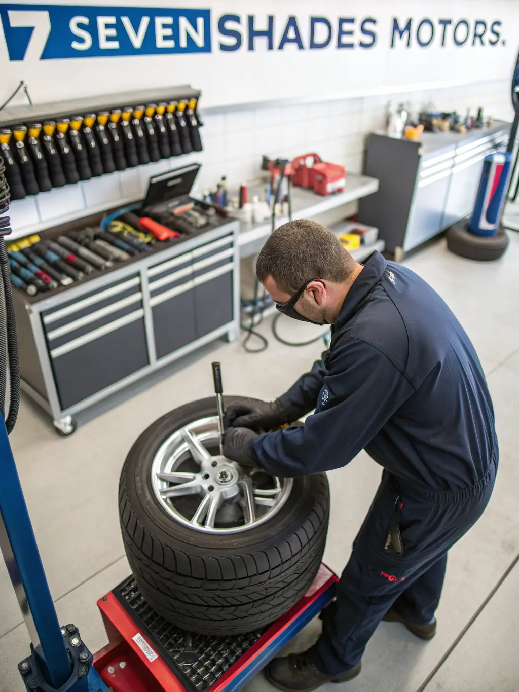 A Drivegate.uno technician rotating tires on a vehicle, highlighting the importance of tire maintenance for safety and fuel efficiency.