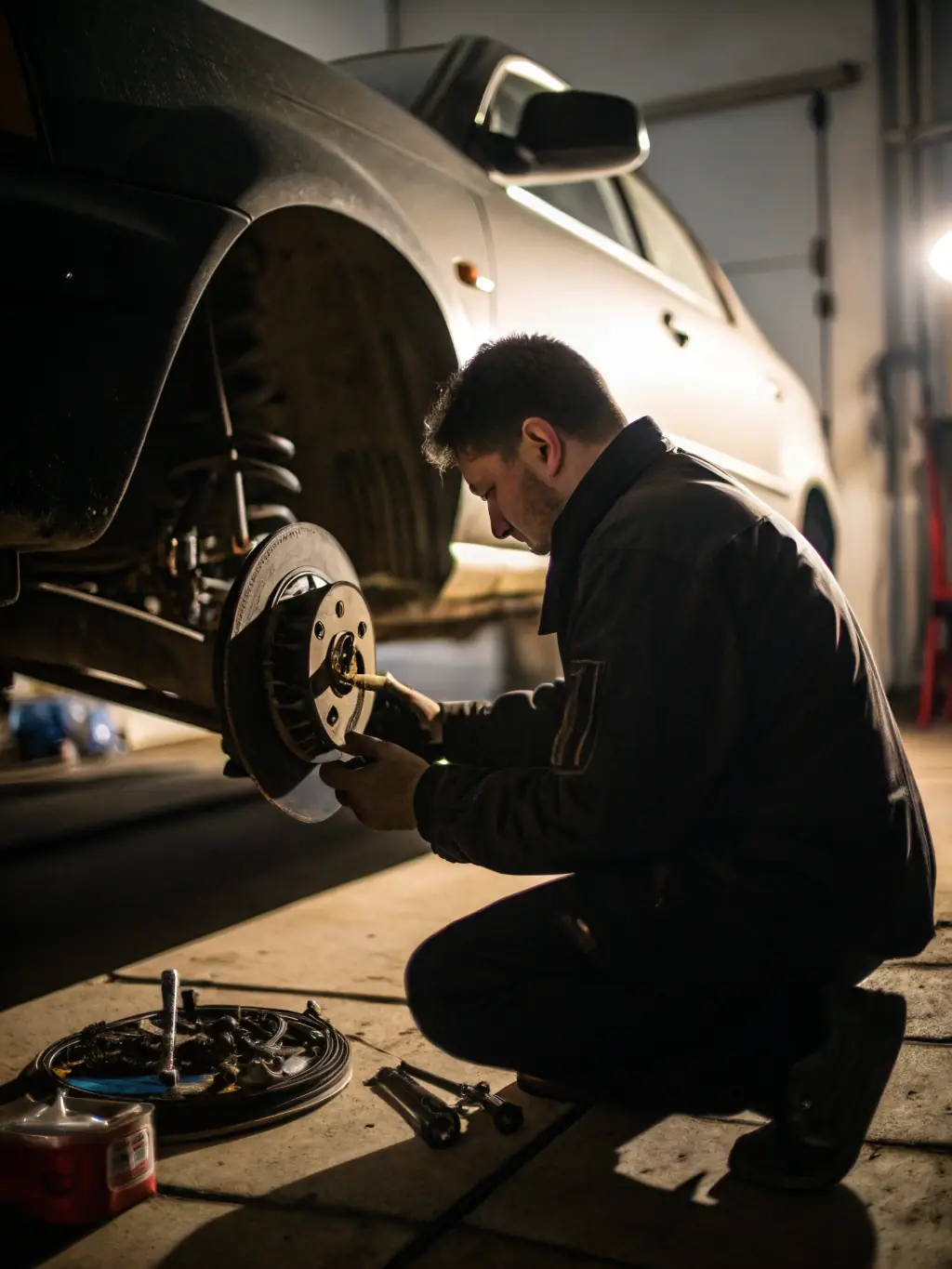 A detailed shot of a Drivegate.uno technician inspecting brake pads, emphasizing the importance of brake safety.