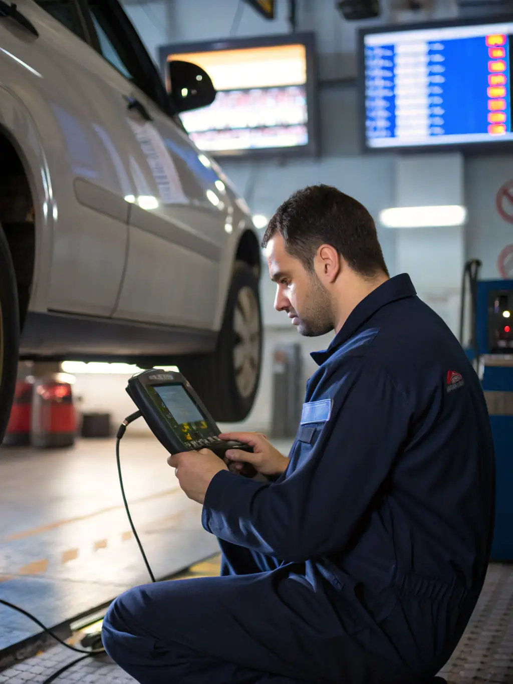 A mechanic using diagnostic equipment to identify engine problems, emphasizing the use of advanced technology.
