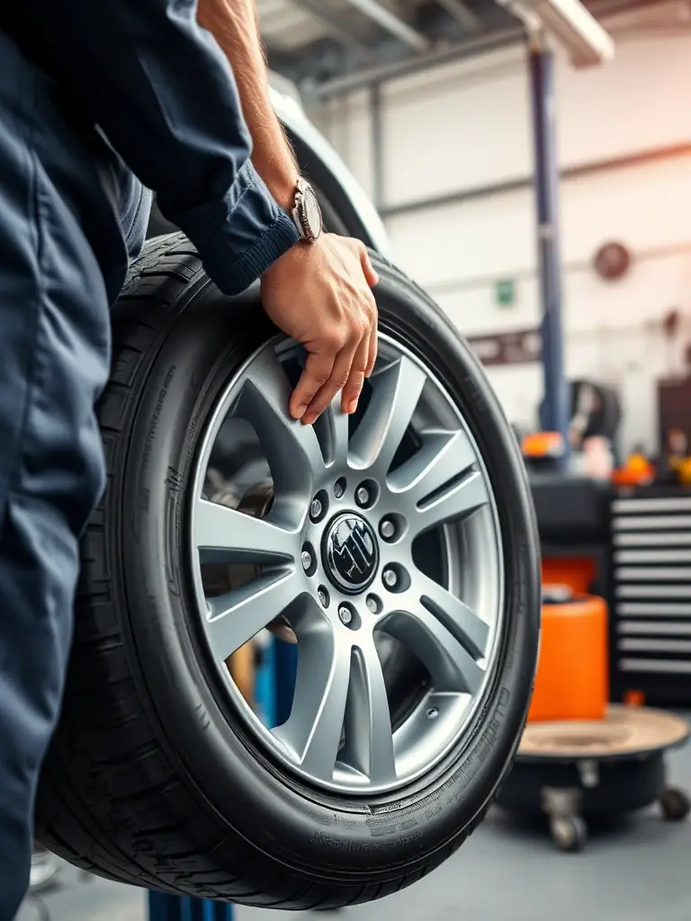 A mechanic rotating tires on a car, demonstrating the importance of even tire wear.