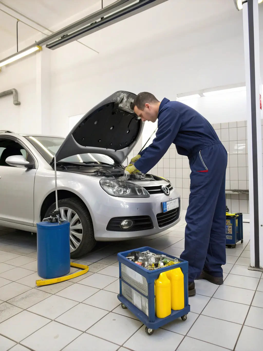 A mechanic performing an oil change on a car in a well-lit garage, showcasing the precision and care taken during the service.