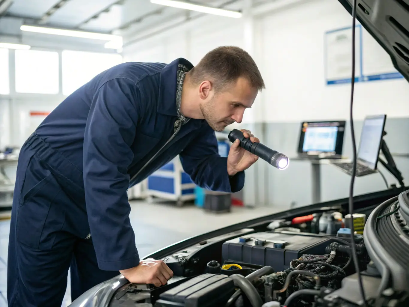 A mechanic in a drivegate.uno branded uniform is inspecting the undercarriage of a car on a lift in a well-lit garage, focusing on suspension components, with various tools neatly arranged in the background.