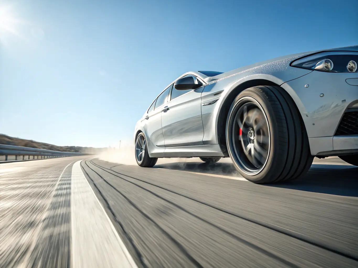 A car parked on a dusty road in South Africa, with a focus on the tires, illustrating the impact of harsh conditions on tire wear, with the drivegate.uno logo subtly placed in the scene.