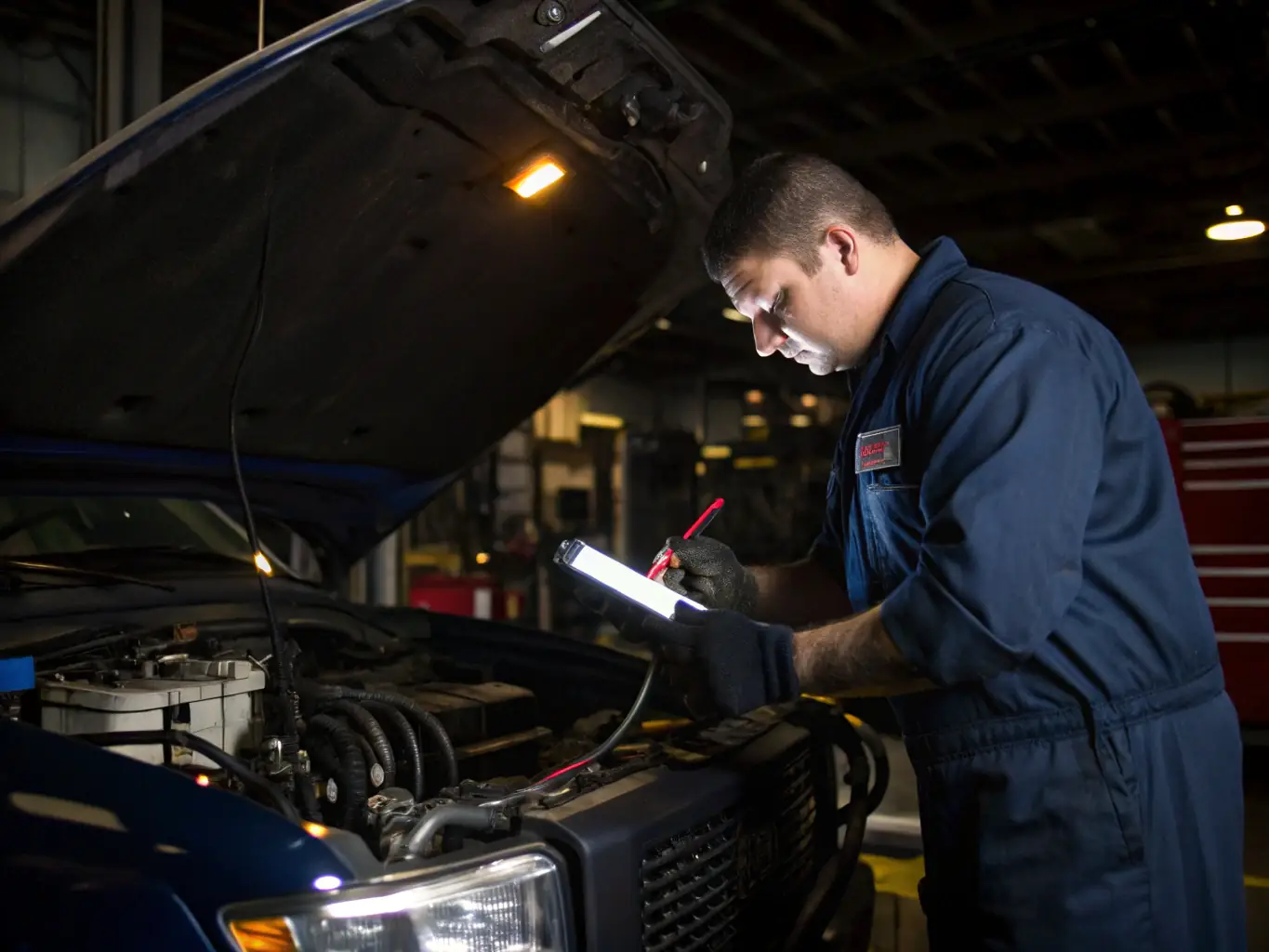 A close-up shot of a car engine with a mechanic pointing to a specific part, highlighting the diagnostic process, with the drivegate.uno logo subtly visible in the background.