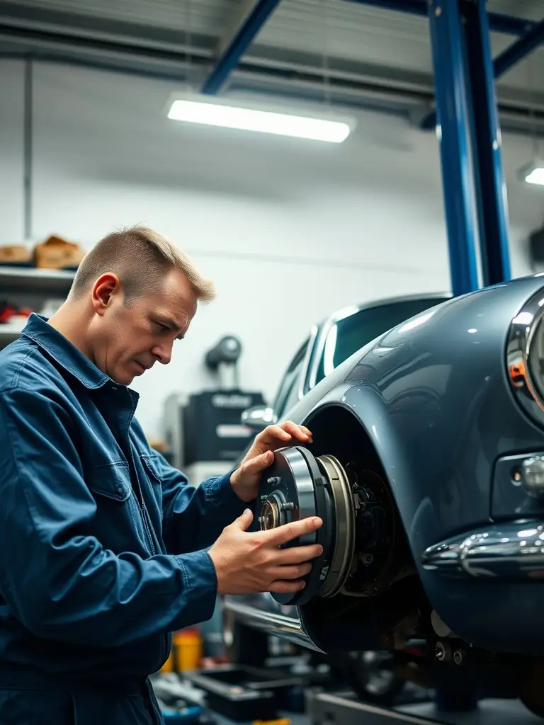 A close-up shot of a mechanic inspecting brake pads, highlighting the importance of brake safety.